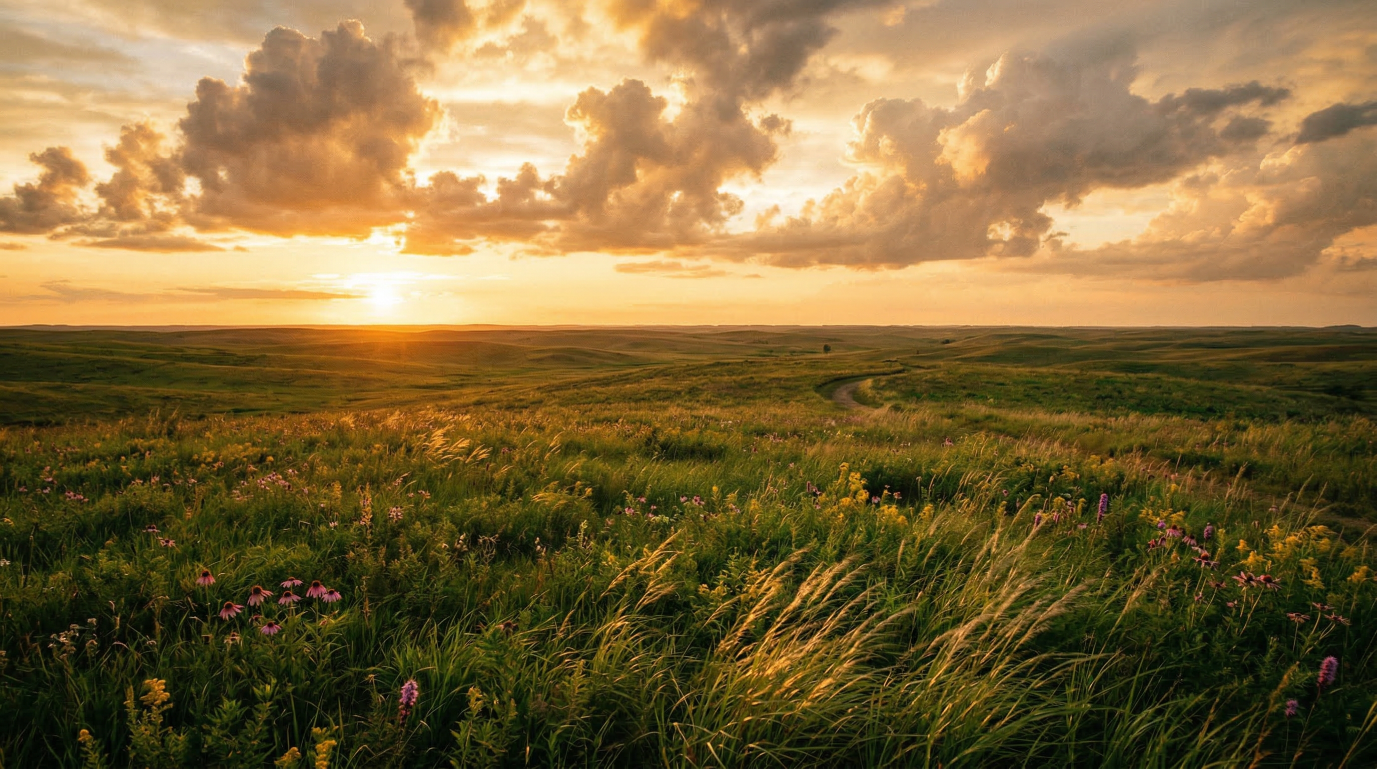 Sweeping Iowa prairie landscape at golden hour
