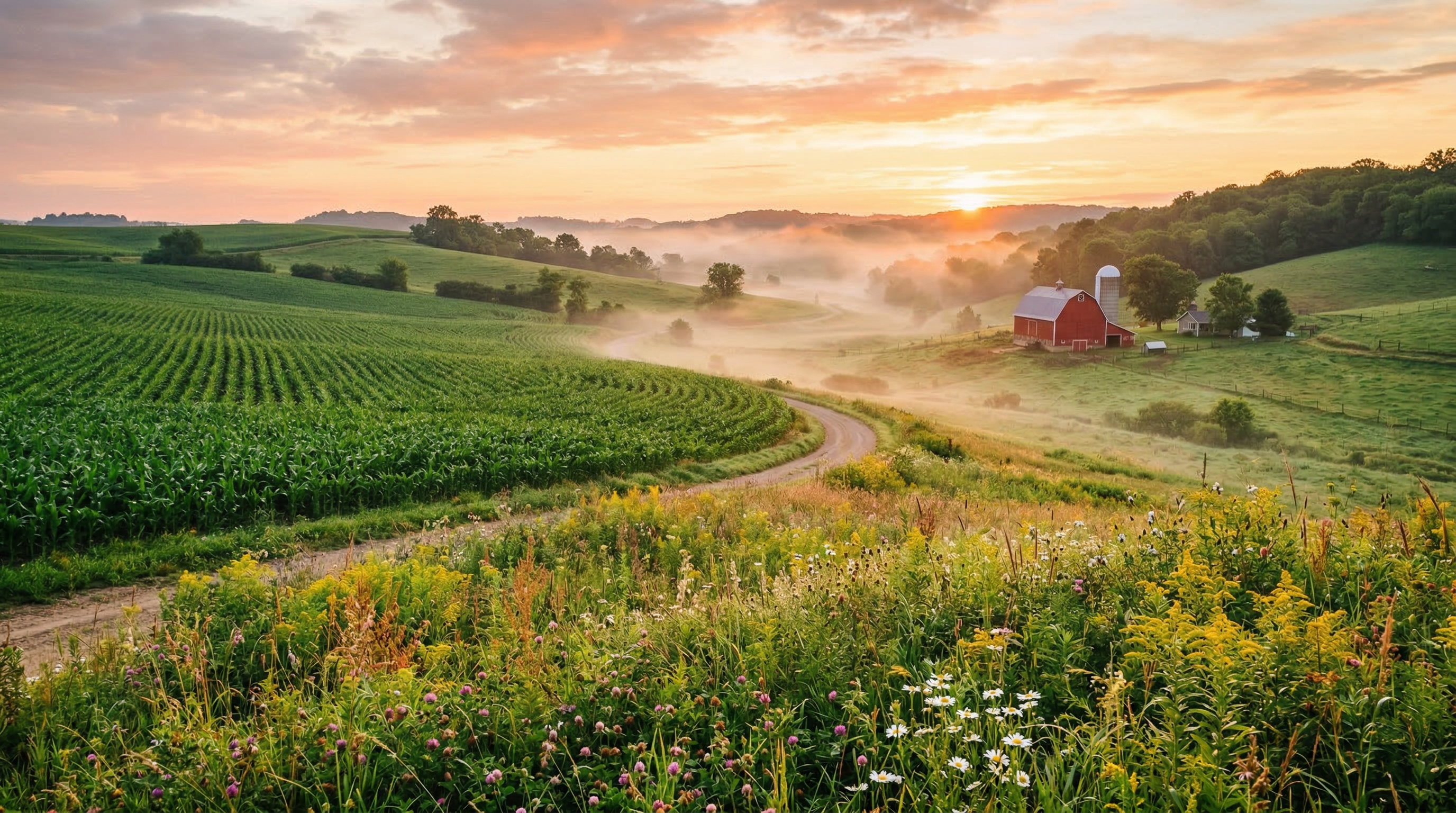 Iowa countryside with red barn and golden fields